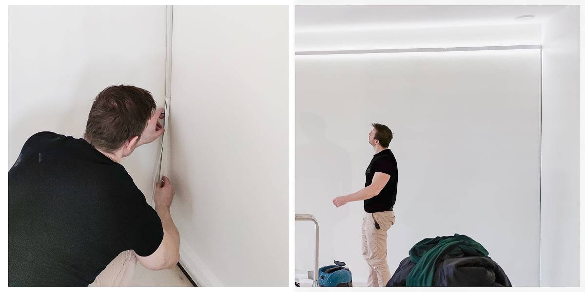 Installation einer Dachrinne in einer Ecke.