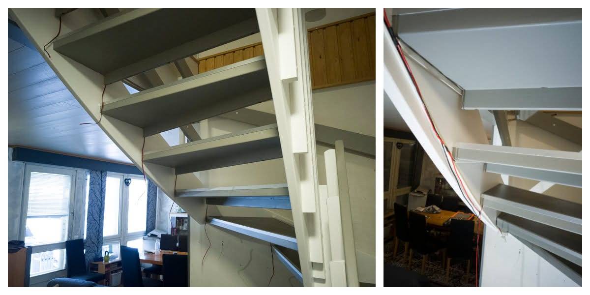 Die Drähte werden unter der Treppe angeschlossen und schließlich in einem Kabeltrog versteckt.