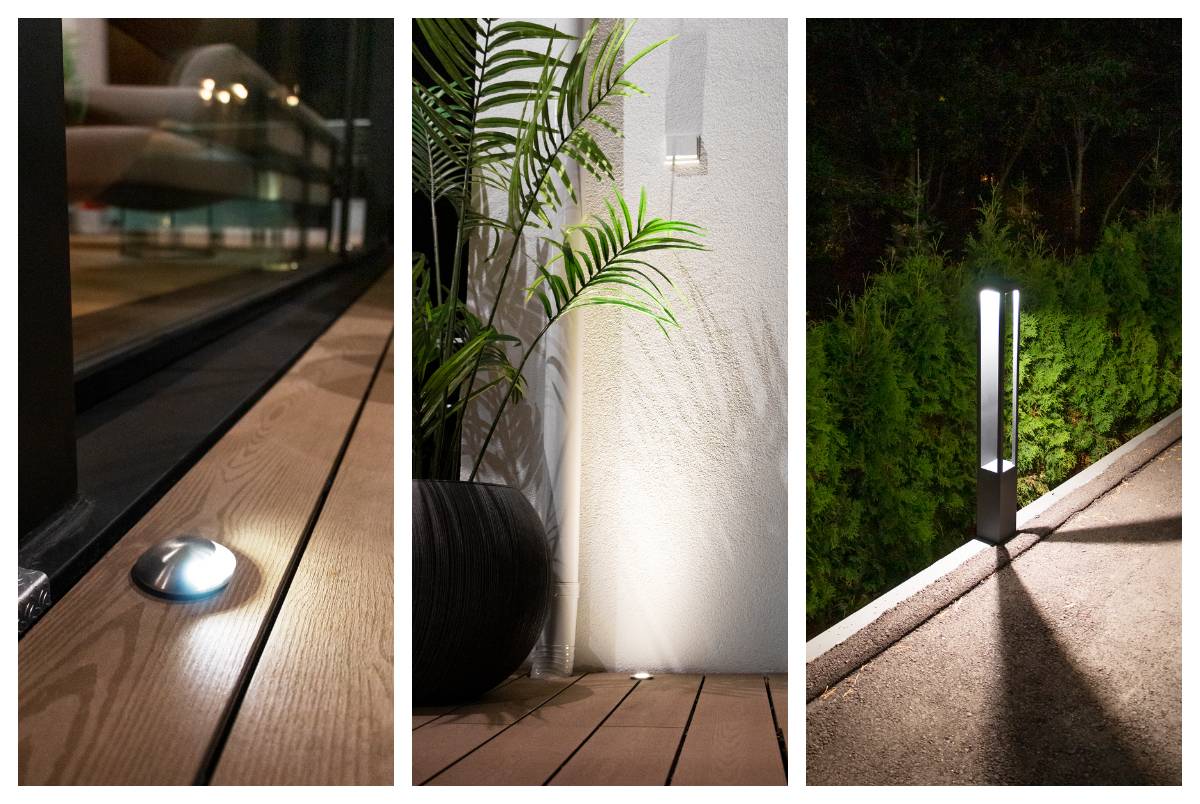 Der Rand der Terrasse wird von einem flächenbündigen Terrassenstrahler beleuchtet. Auf dem zweiten Bild wird die Kante des Gehwegs von einer schwarzen Säulenleuchte beleuchtet, die Licht in drei Richtungen spendet. 