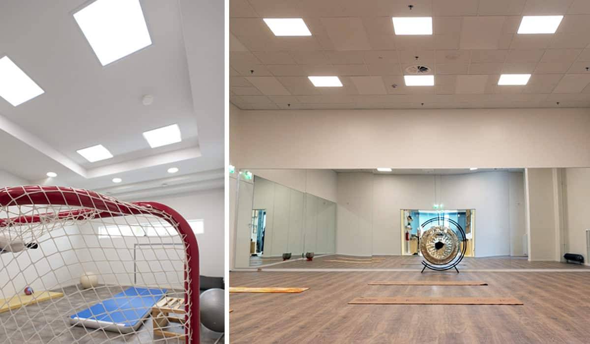 Mehrere große LED-Paneele an der Decke der Heimhalle und des Yogaraums.