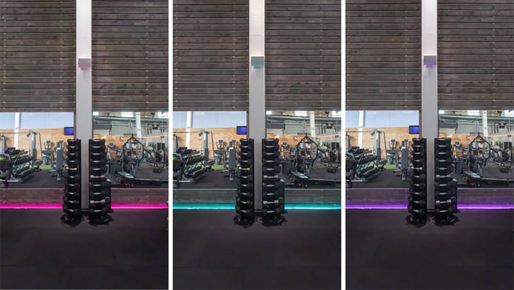 Der OleFit-Fitnessraumboden ist mit einem RGB+W-LED-Streifen ausgestattet.