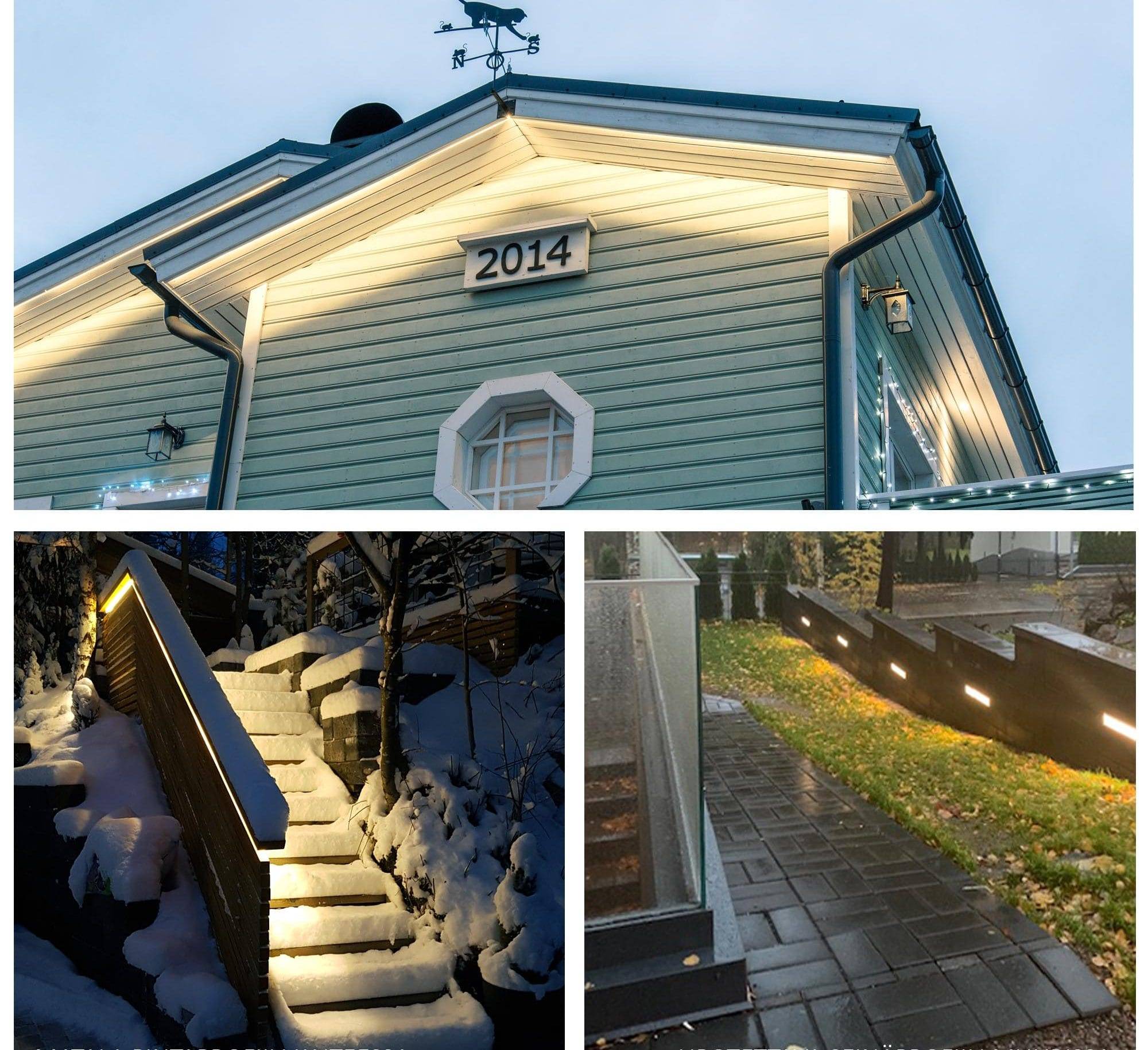 Aluminiumstreifen und LED-Streifen auf dem Dachfirst, Außenhandlauf der Treppe und Wandbeleuchtung  