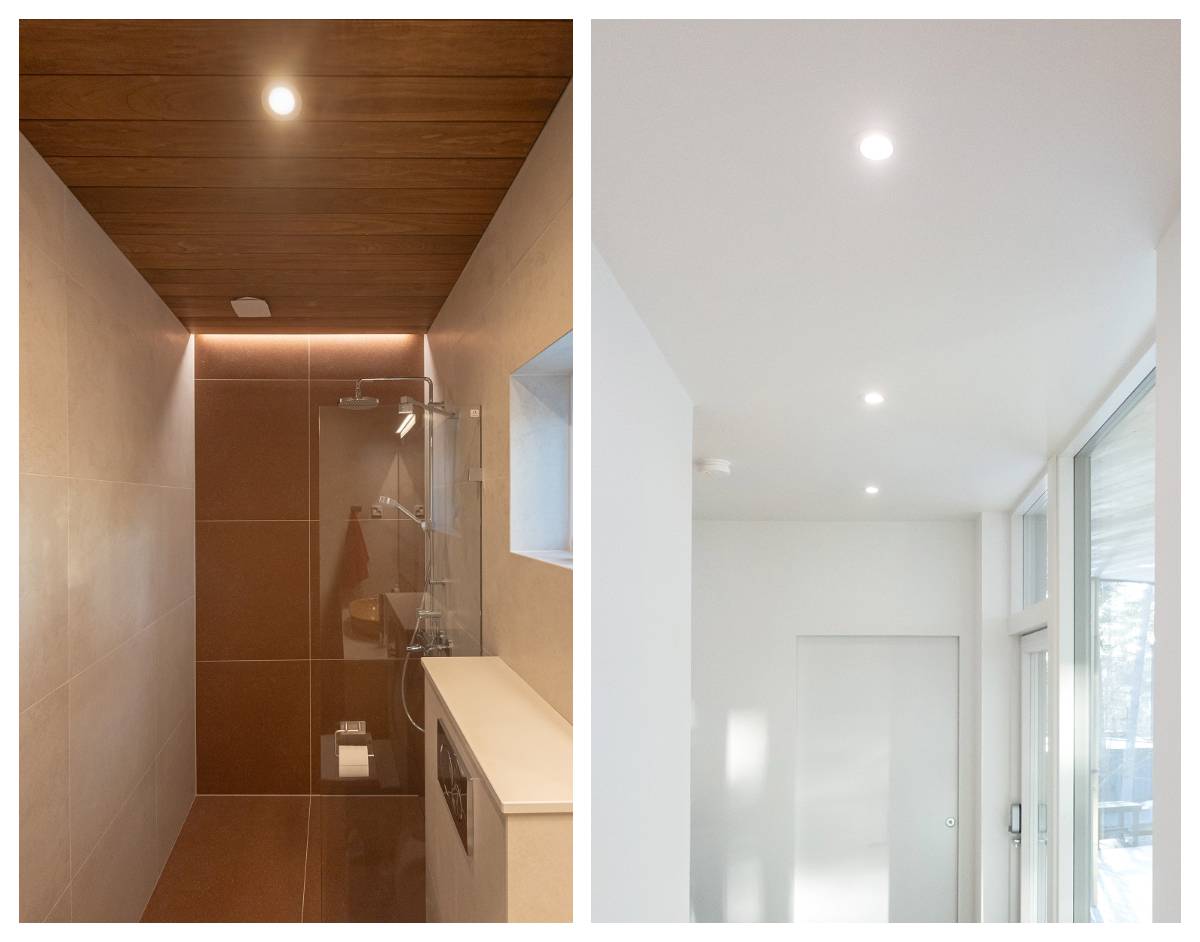 Led-Strahler im Badezimmer und im Flur. Die Spots sind in der Mittellinie des Raums installiert.