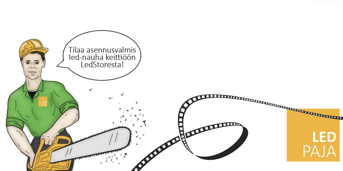 Ein Bild von einer Person mit einer Kettensäge, eine Sprechblase, die für LED-Streifen von LedStore wirbt. Hervorgehobene Helligkeit der Filmrolle; LED PAJA-Logo in der Ecke.