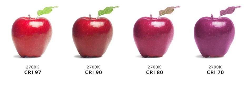 Vier Äpfel in 2700K LED-Licht mit CRI-Werten von 97, 90, 80 und 70; die Farbabstufungen unterstreichen die Qualität der LedStore.fi-Leuchten.