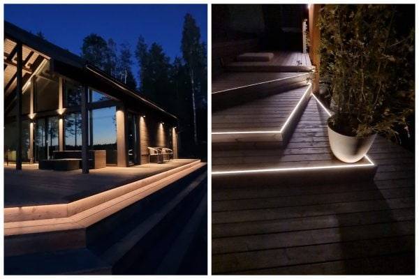 Zwei Bilder. Links: ein modernes Landhaus in der Abenddämmerung, beleuchtet durch indirekte Wandleuchten. Im Vordergrund eine Treppe, bei der das Licht unter der Sockelleiste die Stufe beleuchtet. Links: die Vorderkante der Treppenstufen zwischen den Brettern wird von einem LED-Streifen beleuchtet, der nach oben leuchtet.   