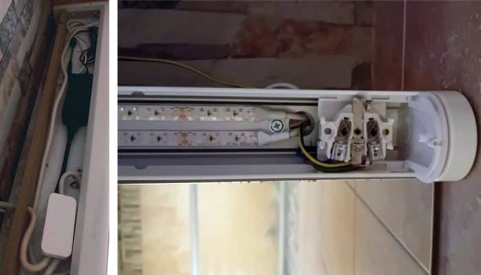 LED-Leiste auf einem alten Leuchtstoffröhrenrahmen montiert.
