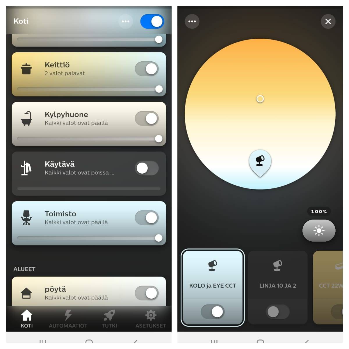 Ein Beispiel für die mobile Ansicht von Philips Hue. Links die verschiedenen Räume im Haus und rechts der Lichtsteuerungsmodus für die Küche. Mit dem Farbrad können Sie die Farbtemperatur des weißen Lichts von warmweiß bis kaltweiß einstellen und mit dem rechten Rand die Helligkeit. Natürlich ist auch eine Automatisierung möglich.