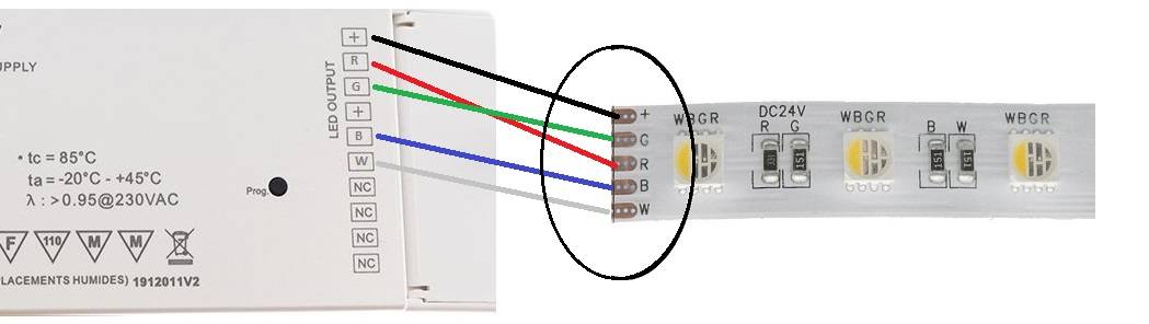 Auswahl der LED-Bandkabel, bei RGB+W-Bändern können sich die Drähte überkreuzen