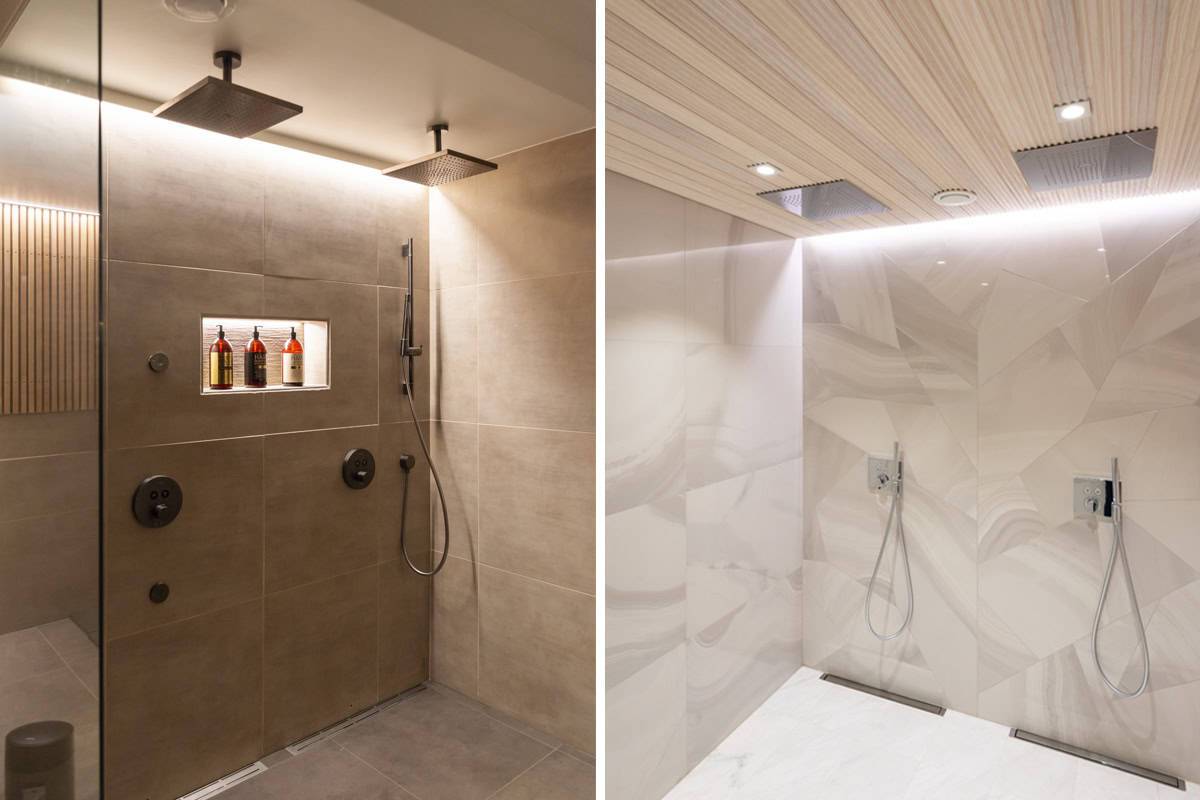 Badezimmerbeleuchtung mit LED-Leisten und Strahlern.