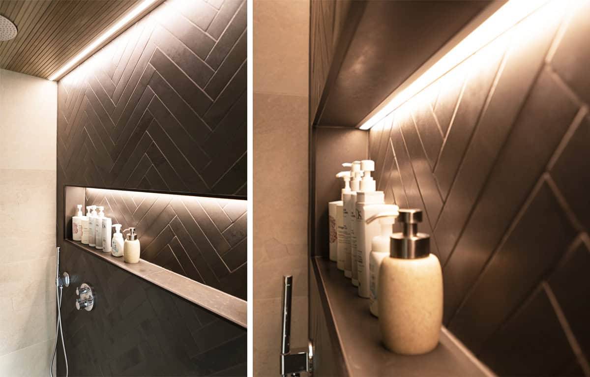 Shampoo-Regalbeleuchtung mit LED-Streifen.