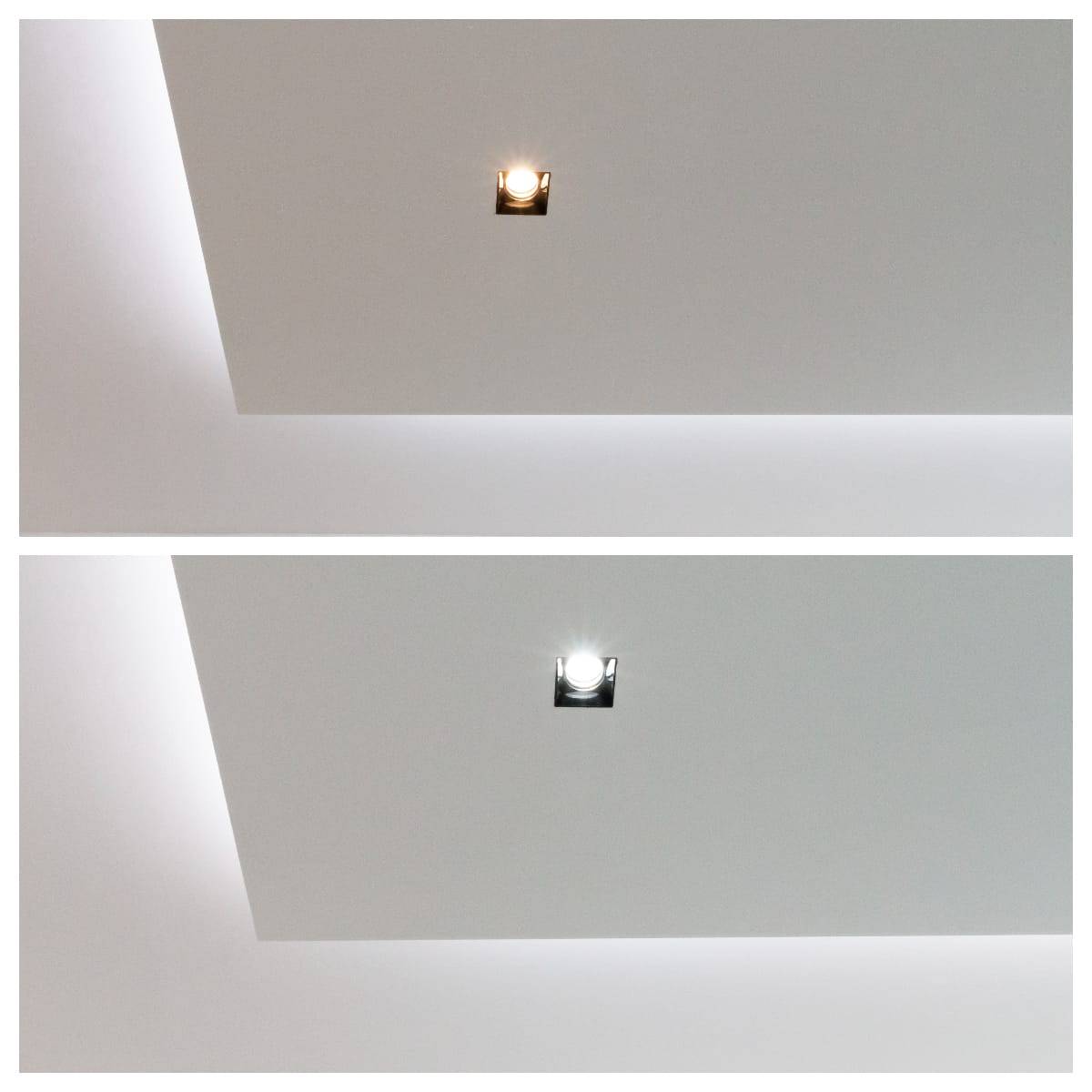 Beleuchtungsrenovierung der Gipsdecke, Versteckte Flecken in der fertigen abgesenkten Decke. Lichtschatten oben warm und unten kalt.