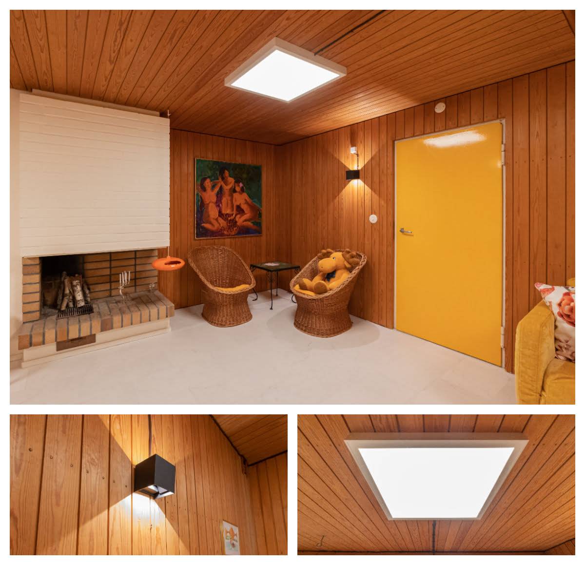 Funk Wandleuchte schwarz und LED-Panel 600 Farbtemperatur einstellbar. Beide Lampen sind dimmbar. Nach der Renovierung hat der Kamin eine gute Beleuchtung. LedStore.fi