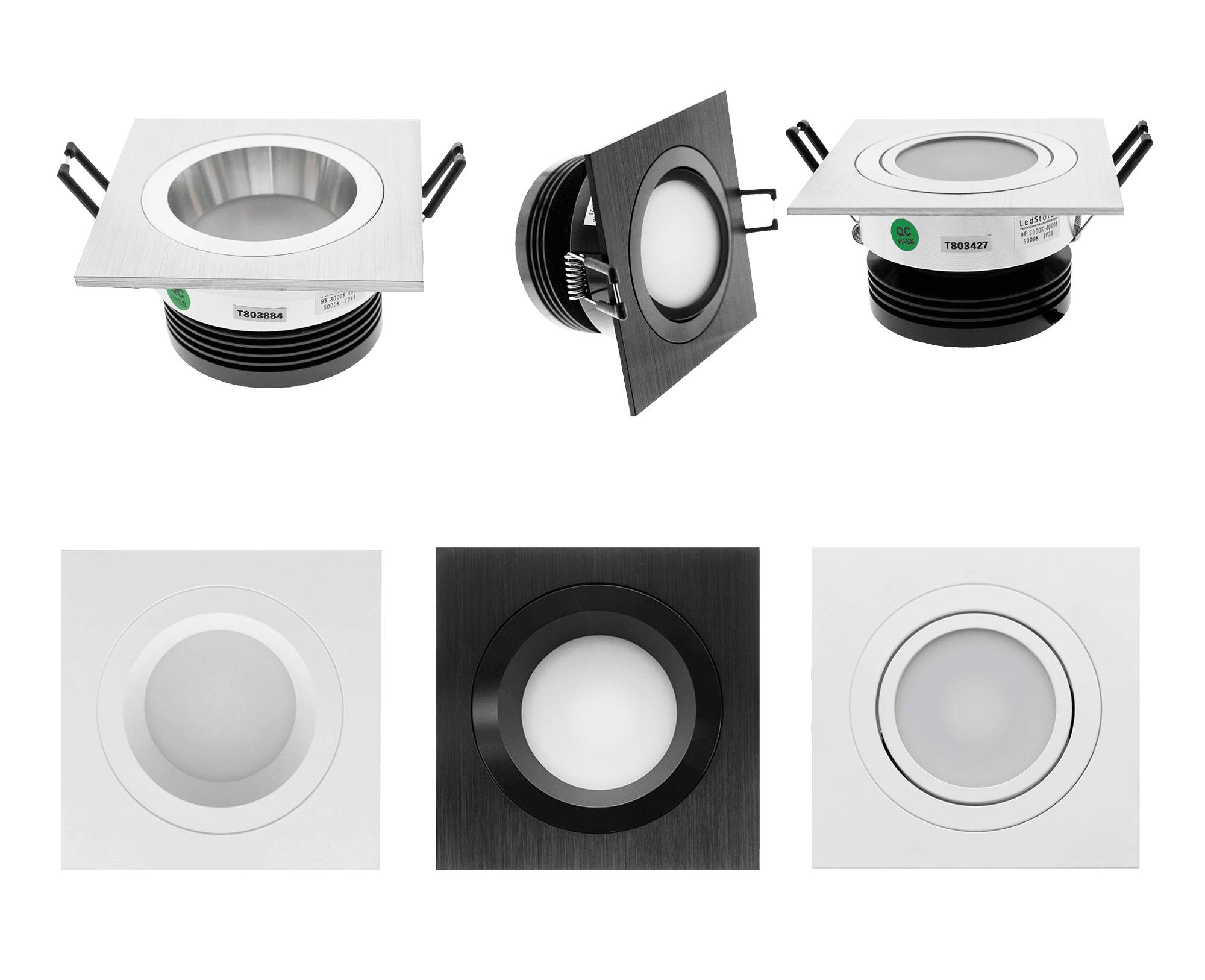 Ein Display mit sechs LED-Downlights: drei quadratische mit unterschiedlichen Dekorationen und drei runde mit unterschiedlichen Tiefen und Rahmen, die verschiedene LED-Designs präsentieren.