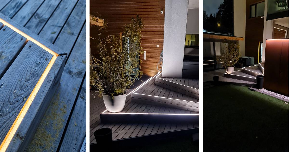 Kolmen osan kuva nykyaikaisesta patiosta yöllä. Ensimmäisessä kuvassa: LedStore.fi:n pehmeä LED-valaistus kulkee pitkin puuterassin reunoja. To kuvassa: portaissa integroidut valot, ympäröivässä kasvit. Kolmannessa kuvassa: laaja näkymä valaistulle terassialueelle, joka maistuu modernia arkkitehtuuria.