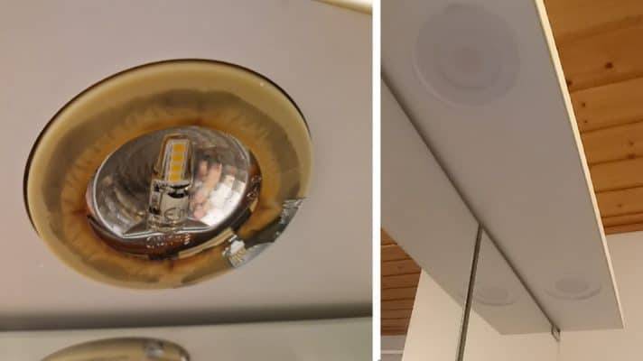 Links: Ein abgenutztes und altes G4-Leuchtengehäuse. Rechts: zwei flächenbündig montierte LUMO-LED-Leuchten. 